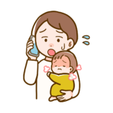 【医療・病気・症状・人】赤ちゃん発熱して病院に電話を掛けるお母さんのフリーイラスト